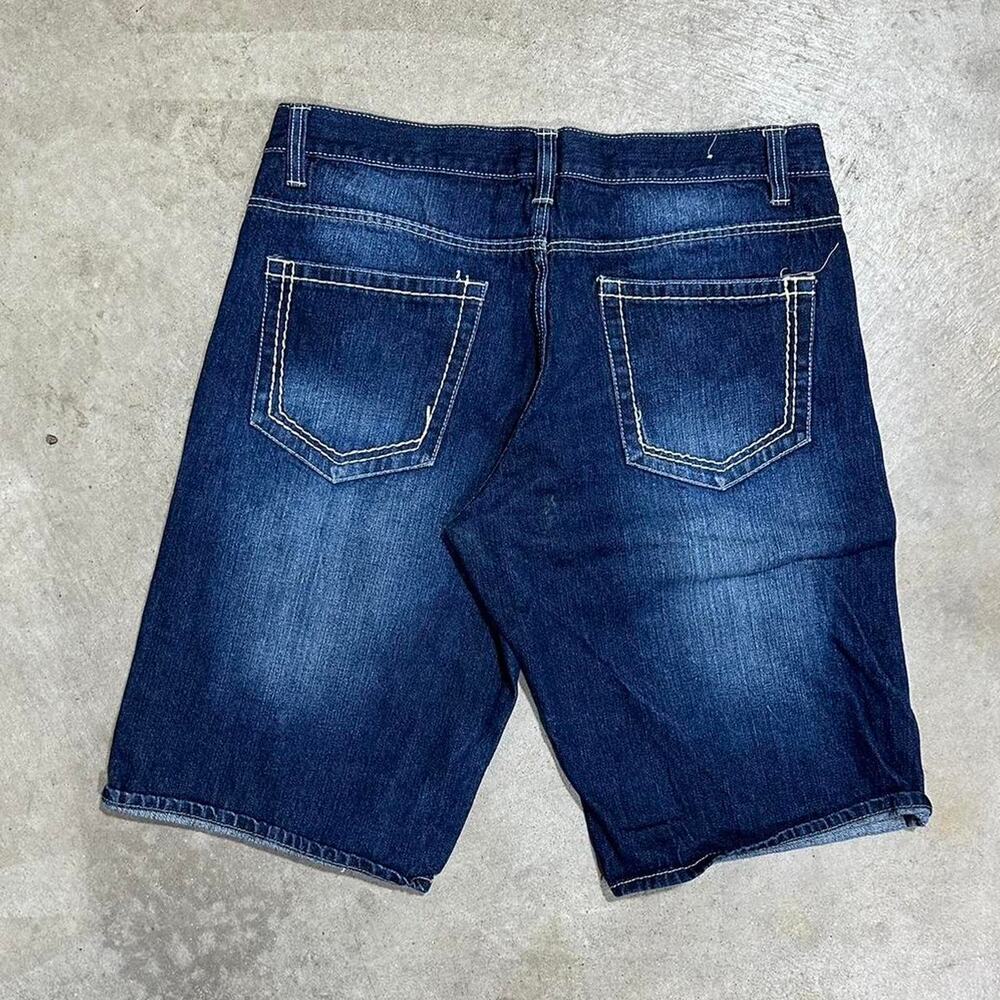 Y2k Avirex Mens 38" Jean Shorts Dark Blue Wash Denim Grunge Biker Style Jorts